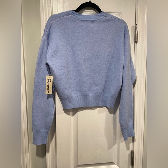 NWT No Boundaries Size M Blue Crew Neck Long Sleeve Soft Sweater Cherries Bow - Picture 6 of 11